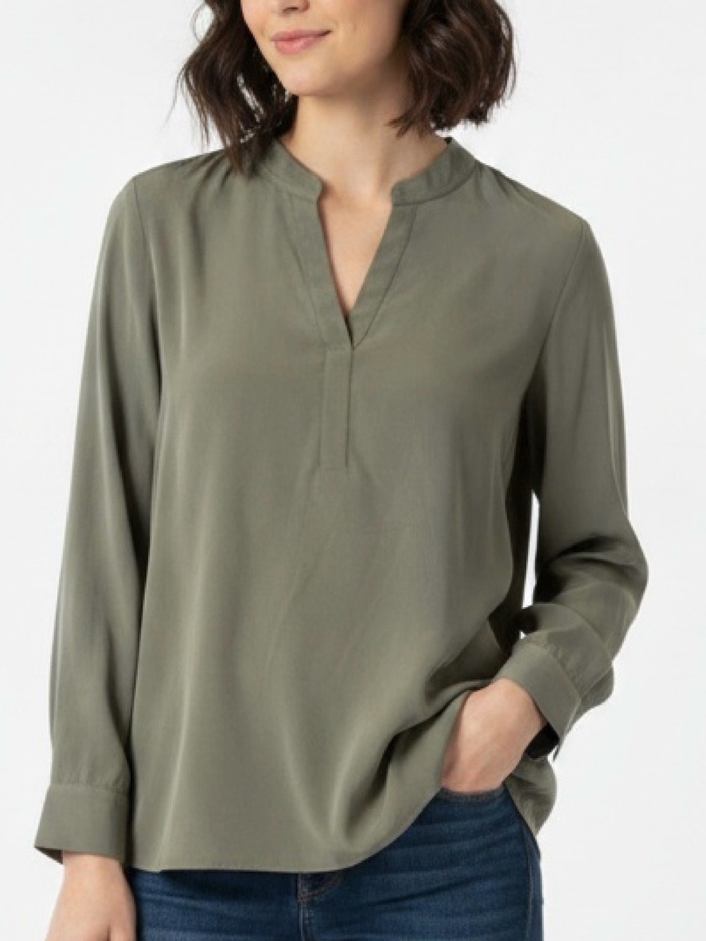 Chico's Olive Green V-Neck Blouse.Elegant and comfortable.
